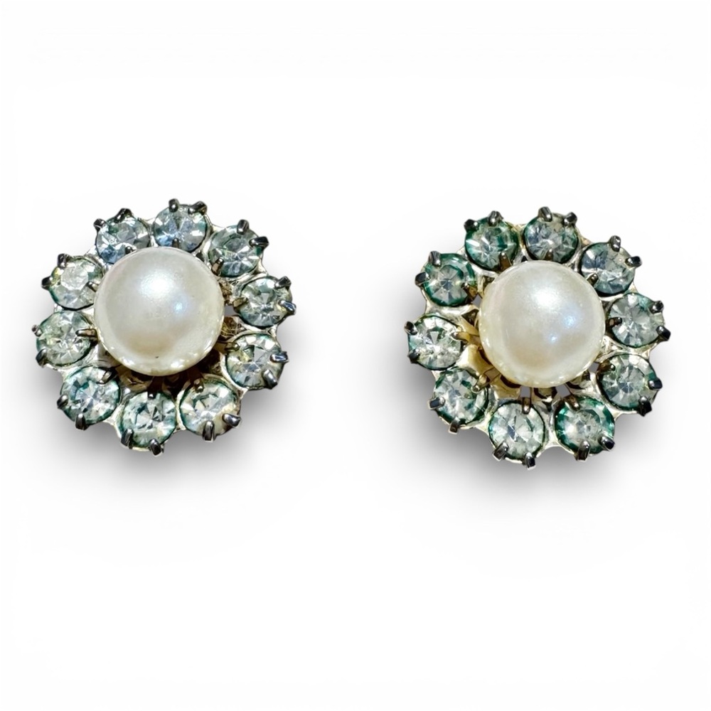 Vintage Napier Faux Pearl Glass Rhinestone Pierced Earrings Signed